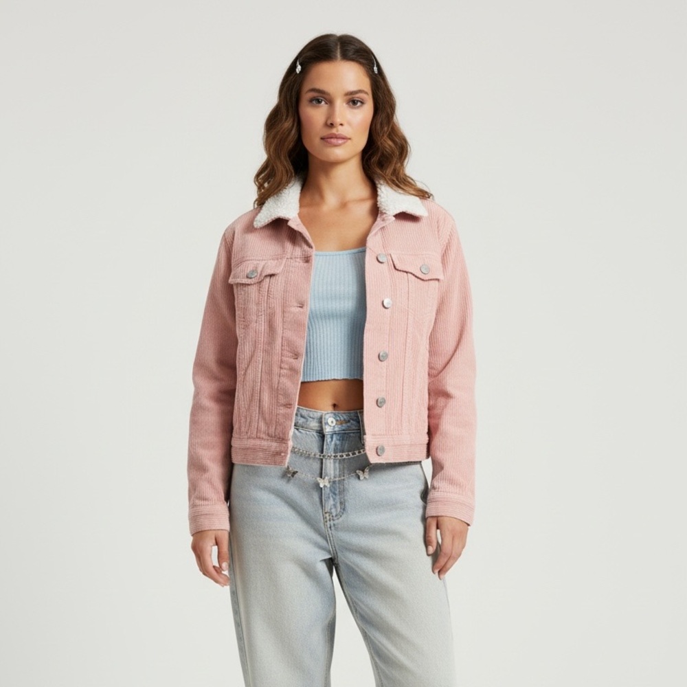 PacSun Pink Corduroy Trucker Jacket Faux Sherpa Collar Cropped Button Up XS
